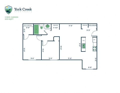Floor plan for 2 beds, 1 bath, 805 sqft